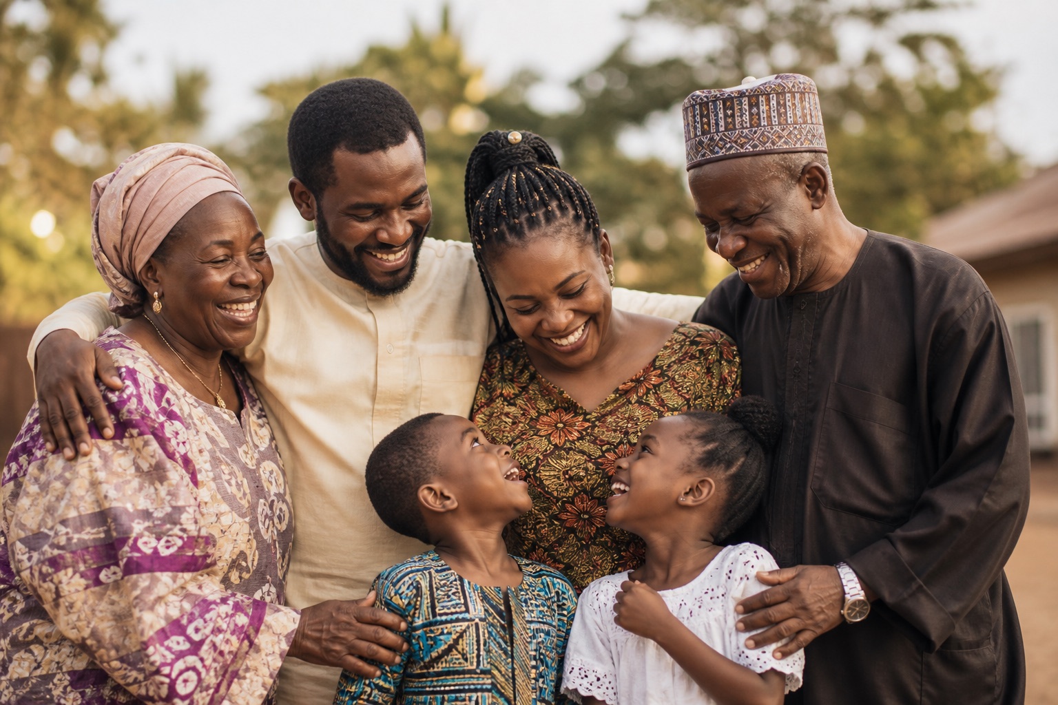 A multigenerational African family embracing outdoors in warm daylight.