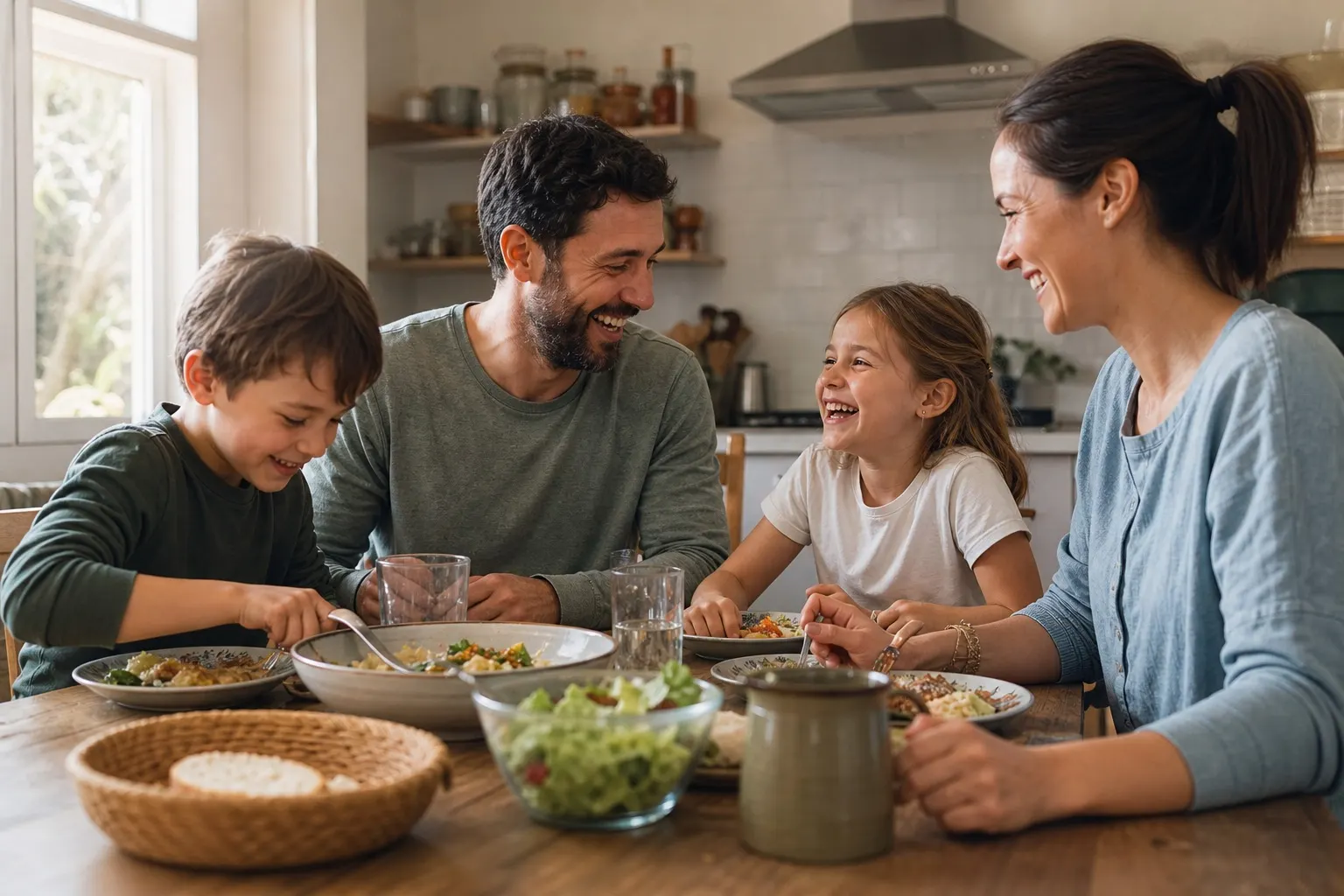 A European family sharing a meal together in a sunlit kitchen.