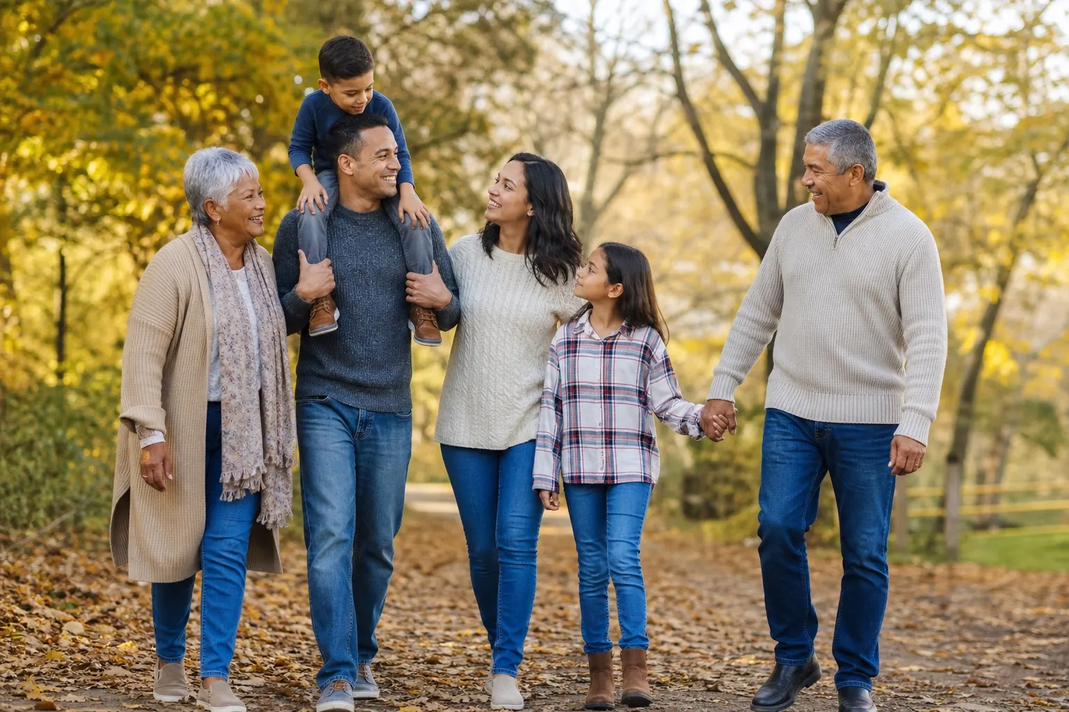 A North American multigenerational family walking together in a park.
