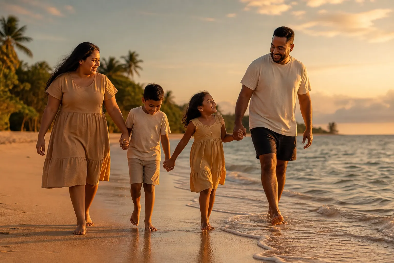 A Pacific family walking along the beach at sunset.
