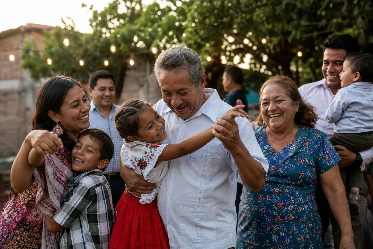 A South American family celebrating together outdoors at dusk.