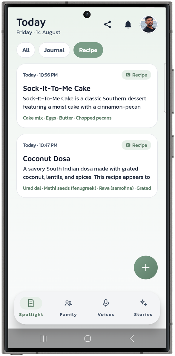 Kinlily Recipes screen showing family recipes saved and shared.