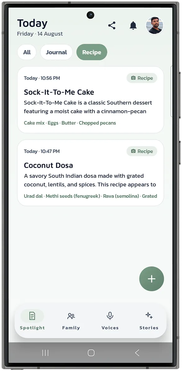 Kinlily Recipes screen showing family recipes saved and shared.