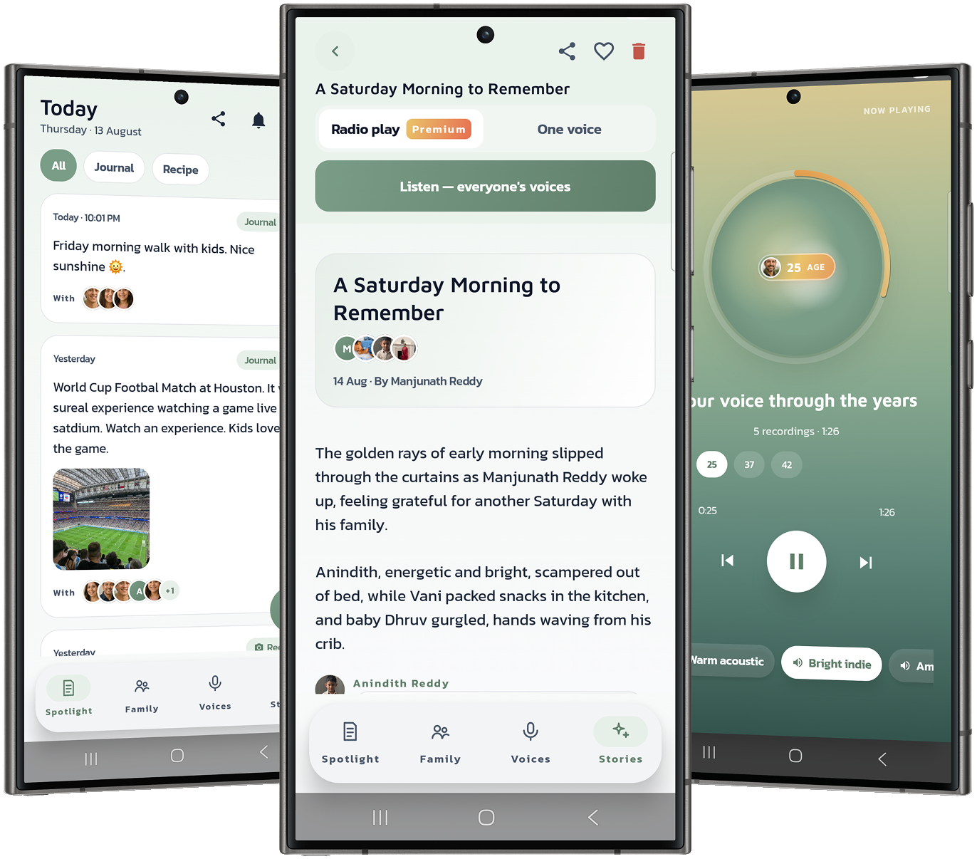 Kinlily Stories screen showing AI-generated family stories.