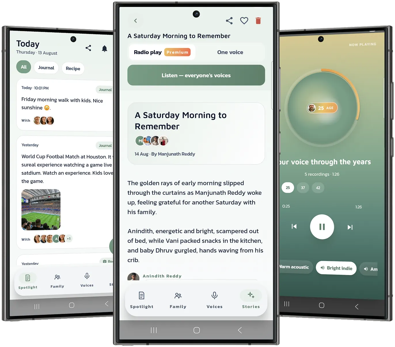 Kinlily Stories screen showing AI-generated family stories.
