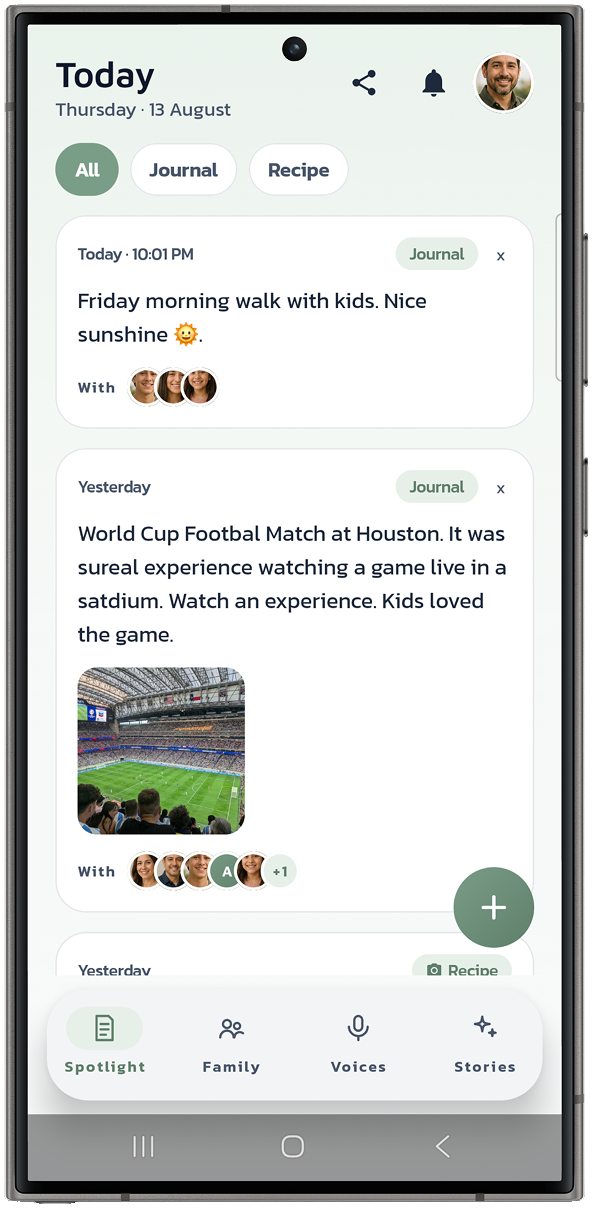Kinlily Today screen showing daily family memories and prompts.