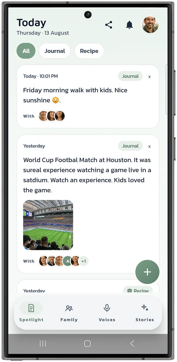 Kinlily Today screen showing daily family memories and prompts.