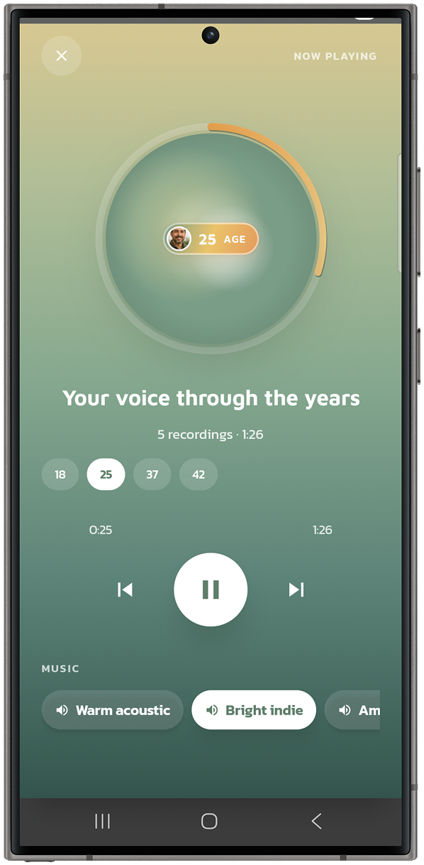 Kinlily Voice screen showing voice cloning and narration features.