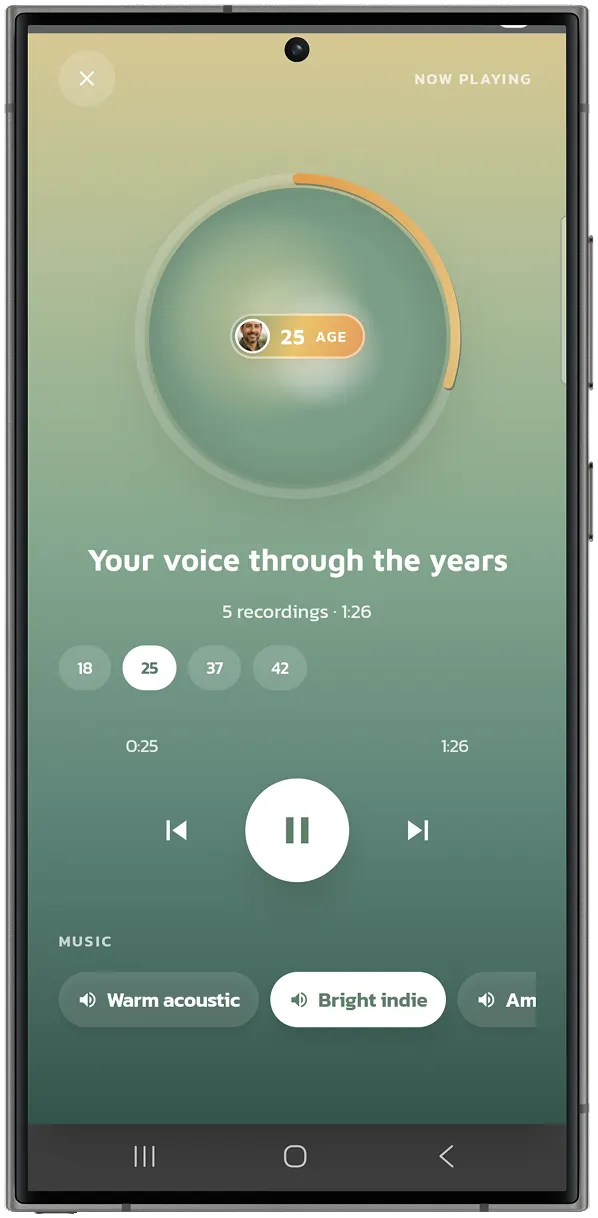Kinlily Voice screen showing voice cloning and narration features.