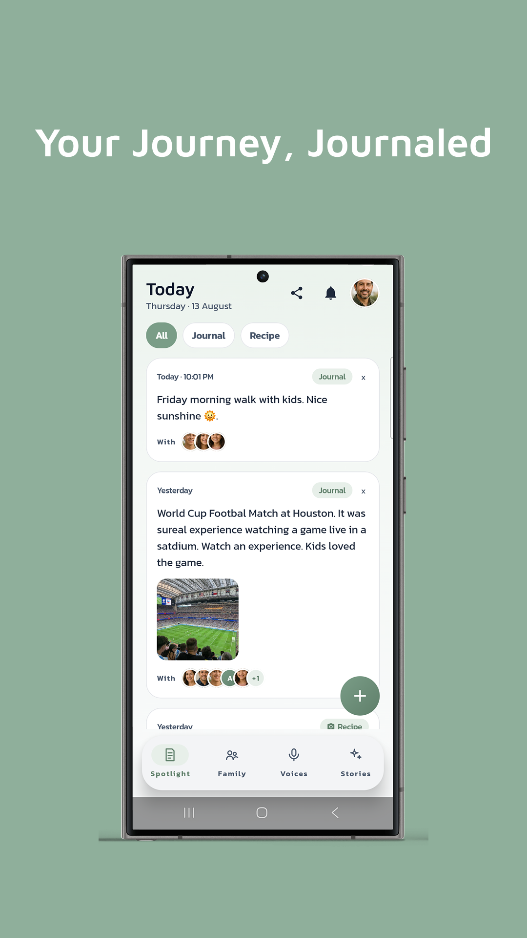 Kinlily Today journal feed on a phone