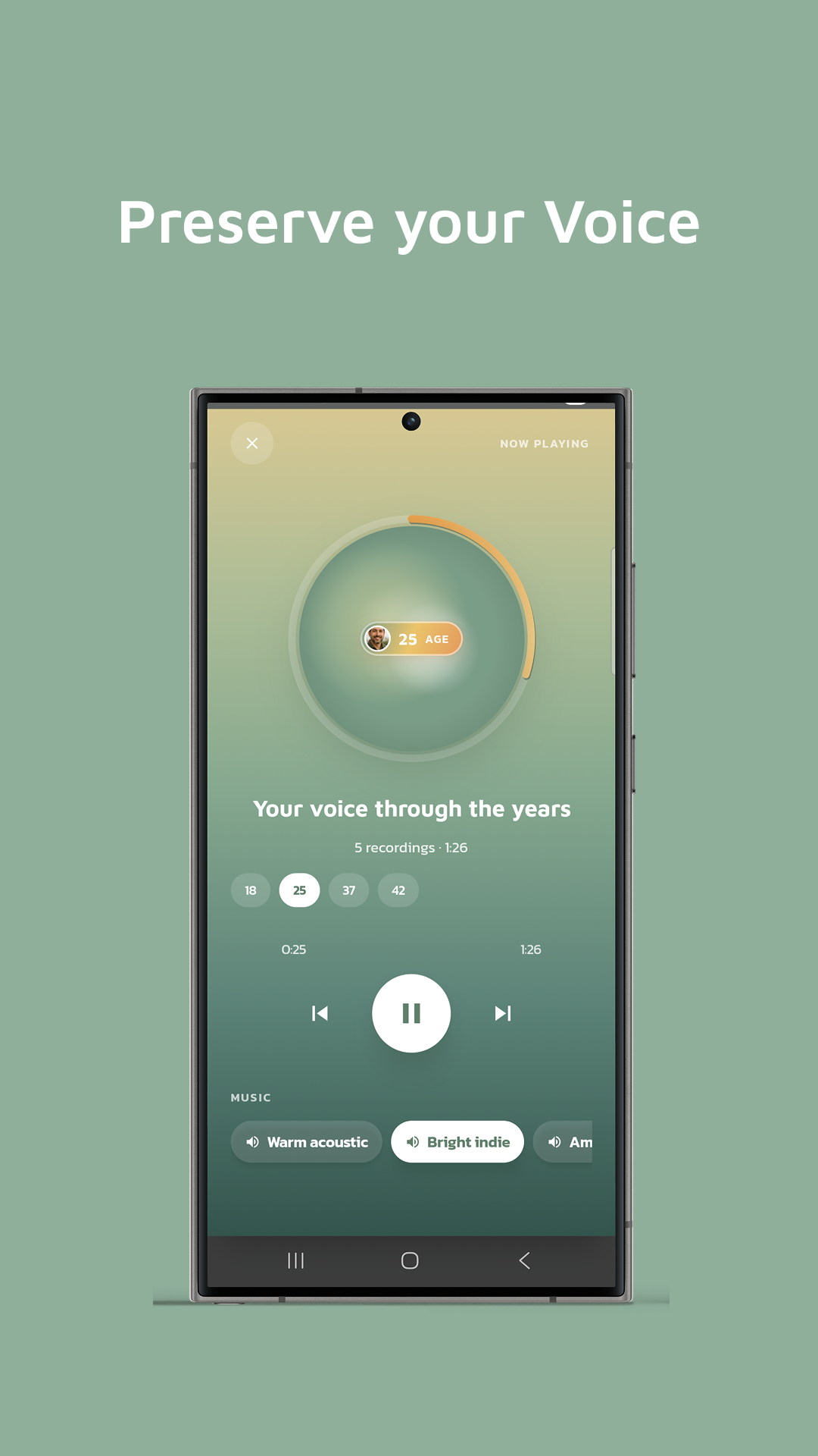 Kinlily voice player showing recordings across ages