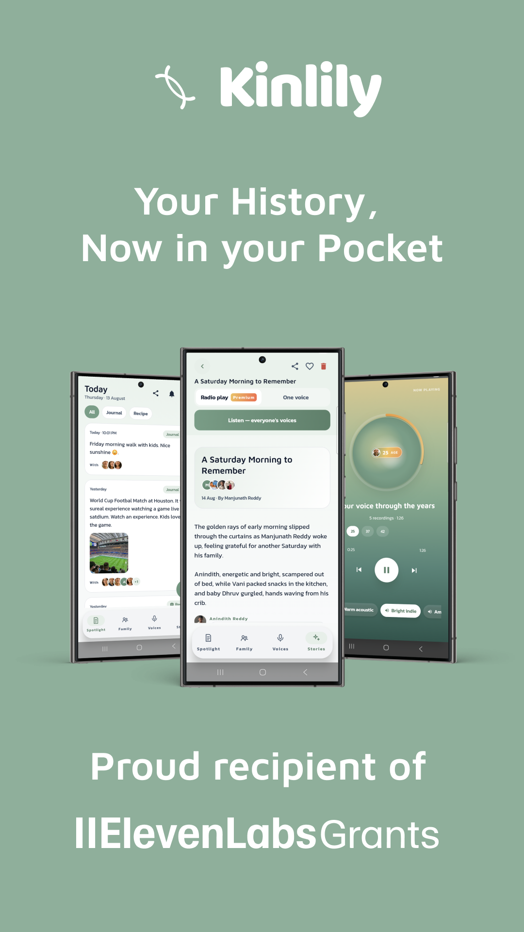 Three phones showing Kinlily journal, story, and voice screens